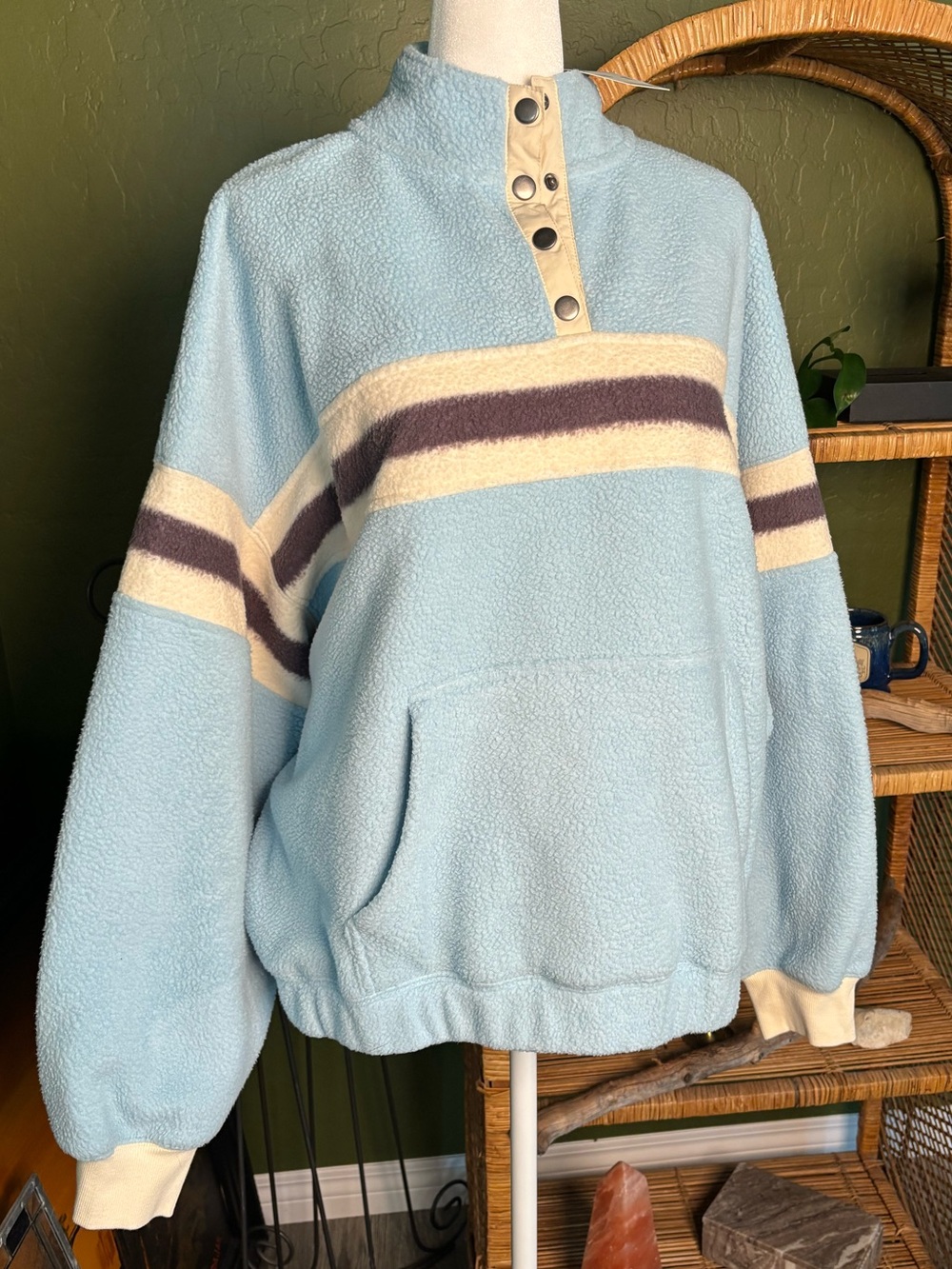 NWT BDG UO Light Sky Blue Sherpa Pullover Button Sweater with Grey White Stripe